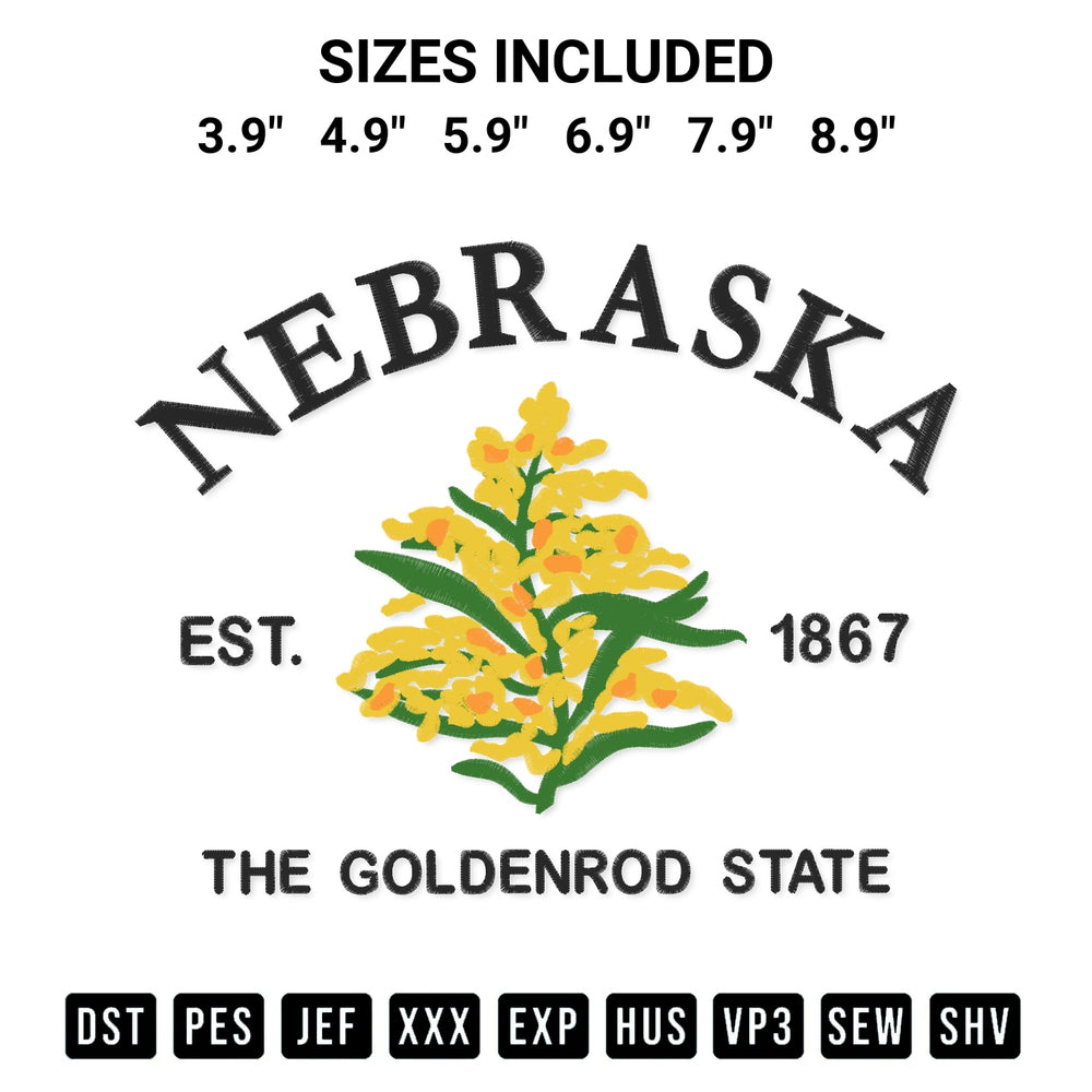 Download the Nebraska Est 1867 The Goldenrod State Embroidery Design machine embroidery design exclusively at Designspacks.com. Premium digitized pattern for apparel and DIY crafts. Available sizes: 3.9", 4.9", 5.9", 6.9", 7.9", 8.9".