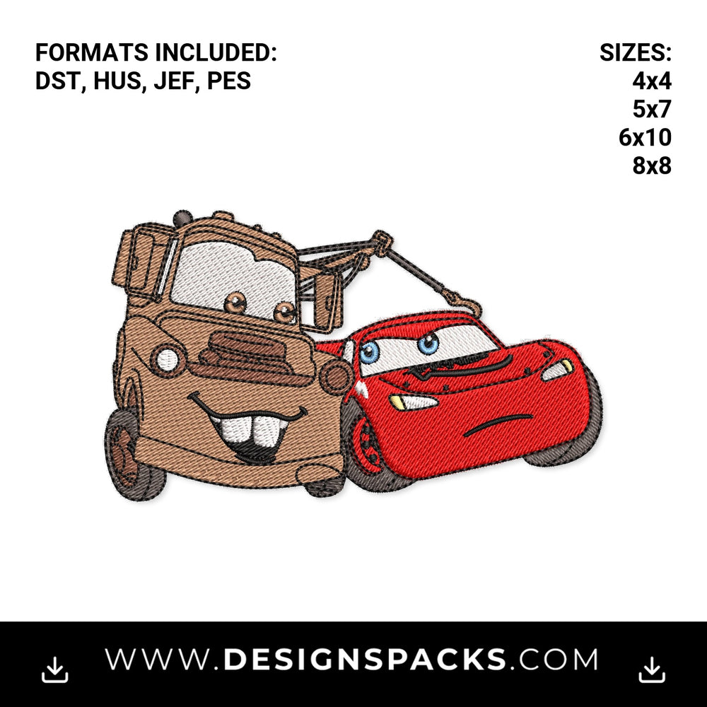 Mater Towing Lightning McQueen Embroidery Design - Instant digital download pattern at Designspacks.com