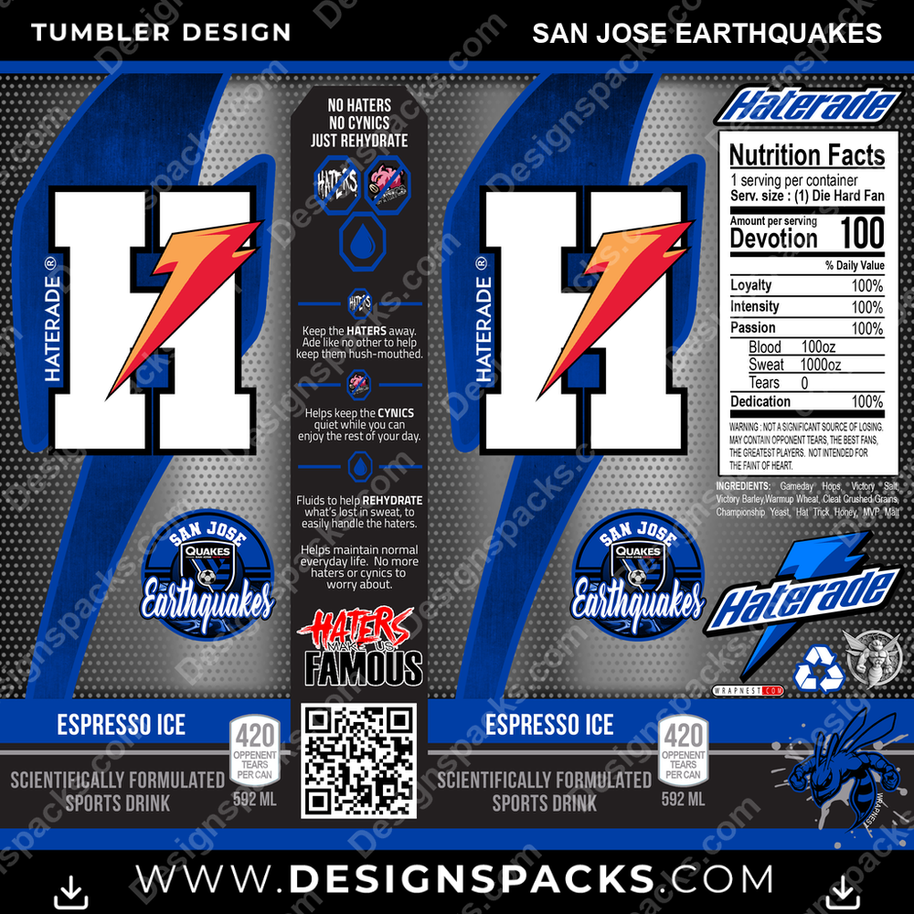 Soccer Haterade San Jose Earthquakes MLS Soccer Tumbler Digital Wrap Design Download