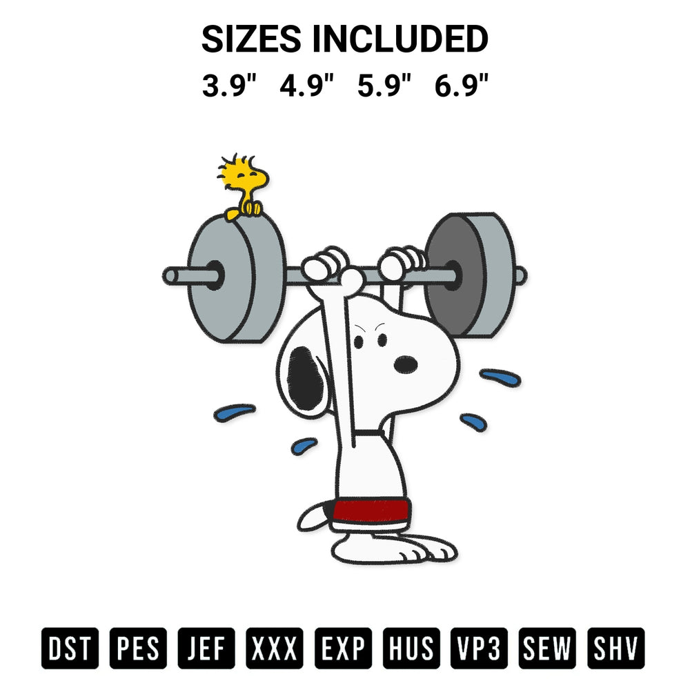Transform your fabrics with the Snoopy Lifting Weights Cartoon Embroidery Design embroidery design. Instant access to premium digitized patterns at Designspacks.com. Available sizes: 3.9", 4.9", 5.9", 6.9".