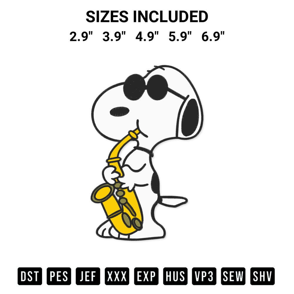 Add a unique touch to your apparel with the Snoopy Playing Saxophone Embroidery Design embroidery file. Premium instant download available now on Designspacks.com. Available sizes: 2.9", 3.9", 4.9", 5.9", 6.9".
