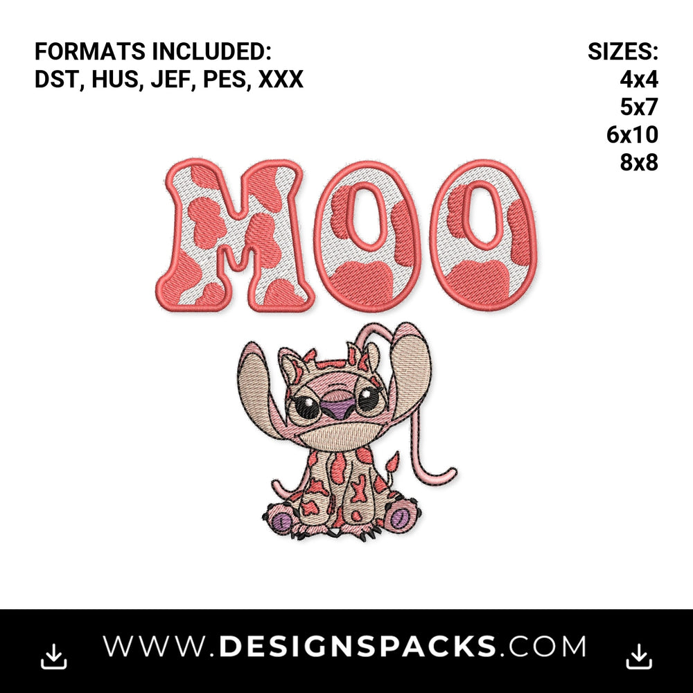 Pink Cow Print MOO Stitch Embroidery Design - Instant digital download pattern at Designspacks.com