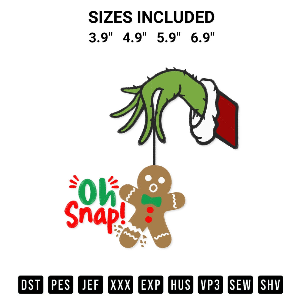 Download the Oh Snap Grinch Gingerbread Man Embroidery Design machine embroidery design exclusively at Designspacks.com. Premium digitized pattern for apparel and DIY crafts. Available sizes: 3.9", 4.9", 5.9", 6.9".
