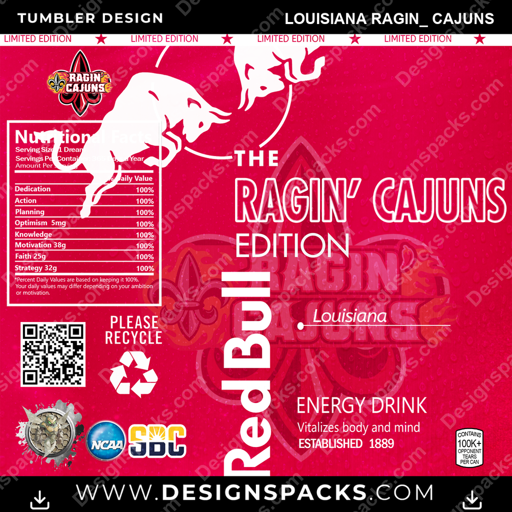 College Sport Red Bull Louisiana Ragin_ Cajuns Tumbler Digital Wrap Design