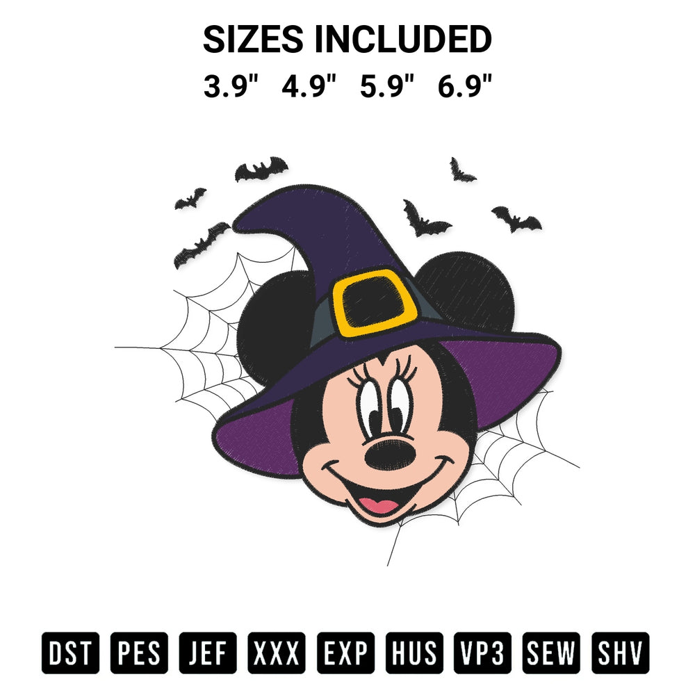 Download the Face Minnie Witch Halloween Embroidery Design machine embroidery design exclusively at Designspacks.com. Premium digitized pattern for apparel and DIY crafts. Available sizes: 3.9", 4.9", 5.9", 6.9".