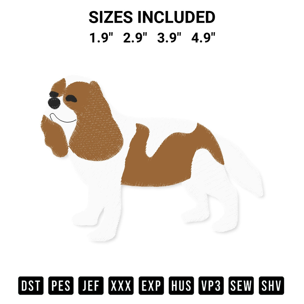 Discover the perfect addition to your crafting collection: Cavalier King Charles Spaniel Dog Embroidery Design embroidery file. Instantly available at Designspacks.com. Available sizes: 1.9", 2.9", 3.9", 4.9".