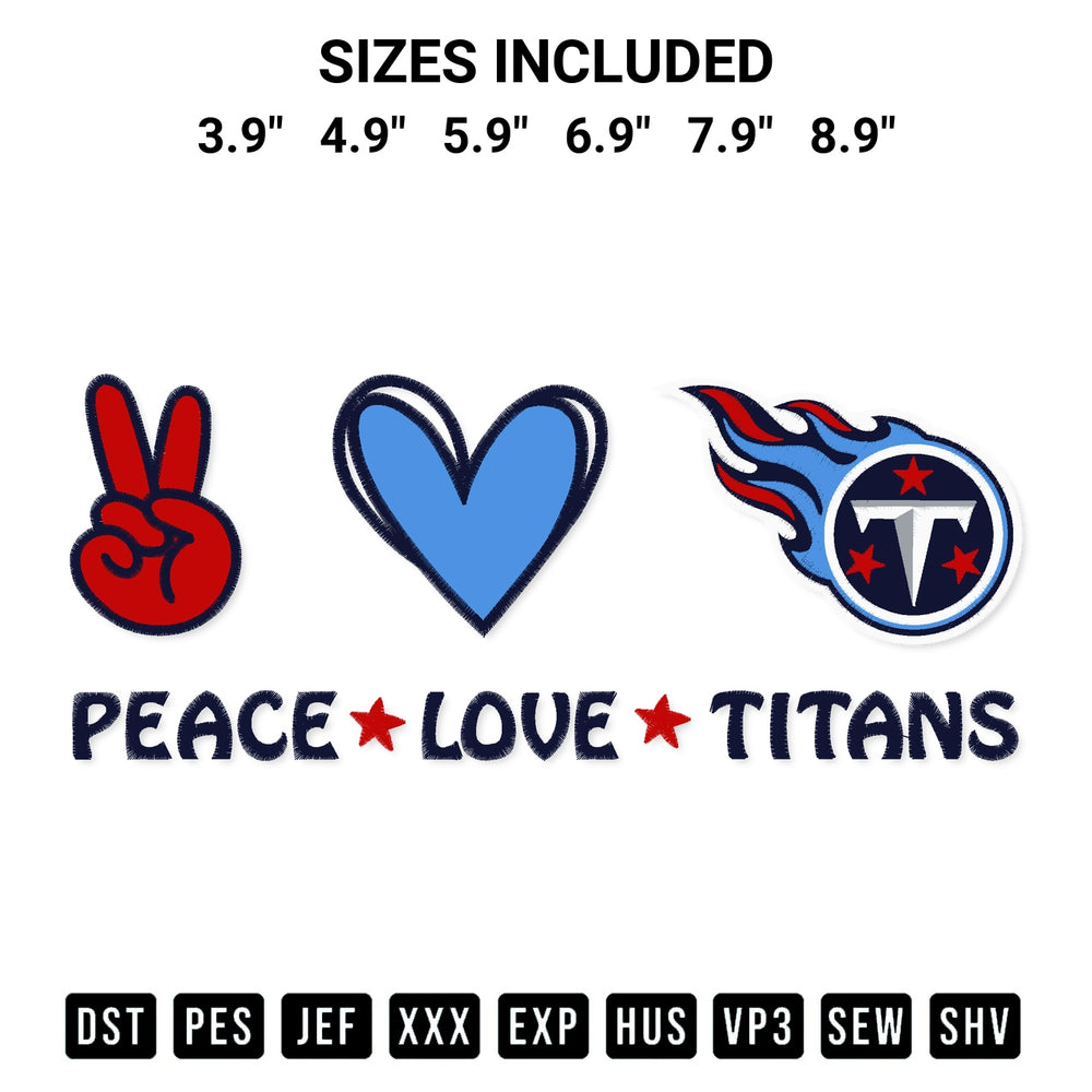 Create amazing crafts with the Peace Love Tennessee Titans Embroidery Design embroidery file. High-quality digital download from Designspacks.com, perfect for beginners and pros. Available sizes: 3.9", 4.9", 5.9", 6.9", 7.9", 8.9".