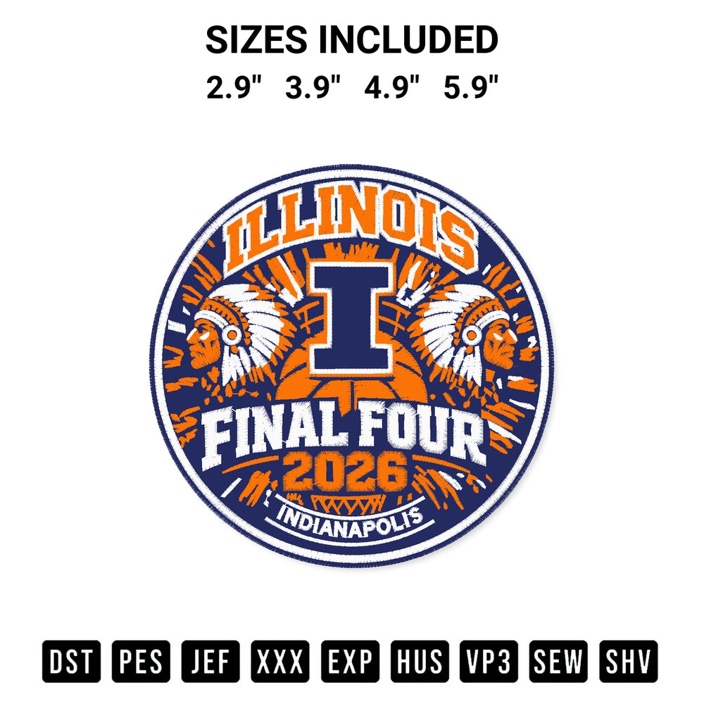 Transform your fabrics with the Illinois Basketball Final Four 2026 Embroidery Design embroidery design. Instant access to premium digitized patterns at Designspacks.com. Available sizes: 2.9", 3.9", 4.9", 5.9".
