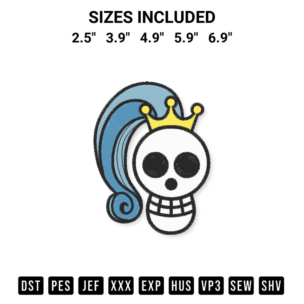 Stitch like a pro with the Vivi Jolly Roger Embroidery Design embroidery pattern from Designspacks.com. High-quality digital machine embroidery file. Available sizes: 2.5", 3.9", 4.9", 5.9", 6.9".