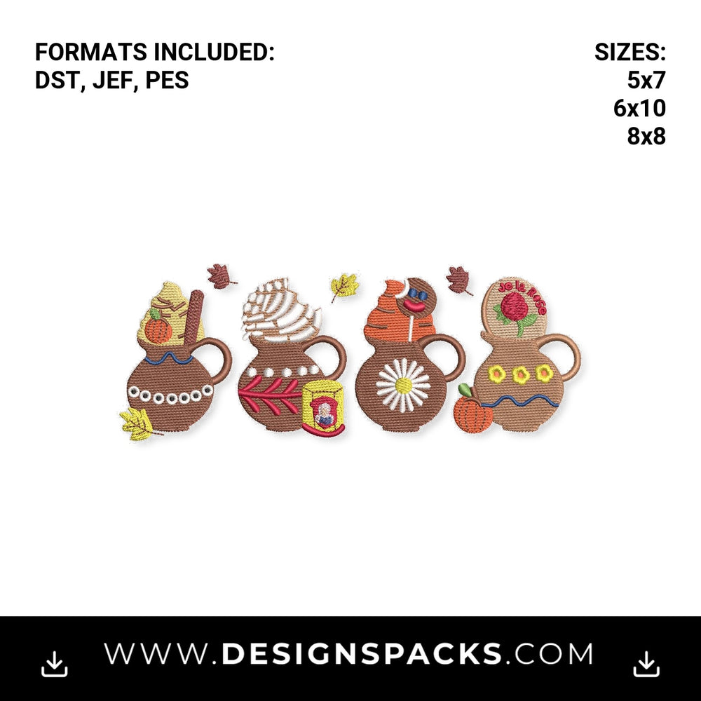 Cozy Autumn Coffee & Cocoa Mugs Embroidery Design - Instant digital download pattern at Designspacks.com