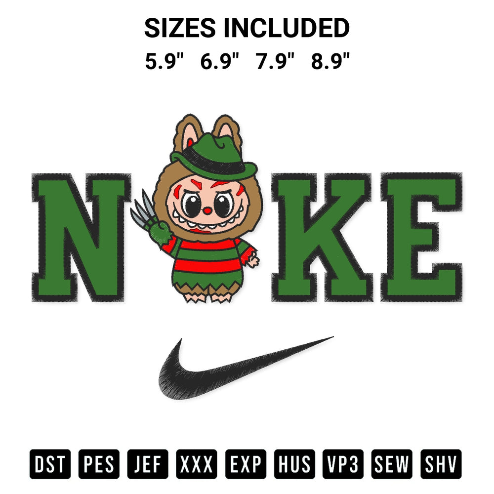 Stitch like a pro with the Nike Freddy Krueger Labubu Embroidery Design embroidery pattern from Designspacks.com. High-quality digital machine embroidery file. Available sizes: 5.9", 6.9", 7.9", 8.9".