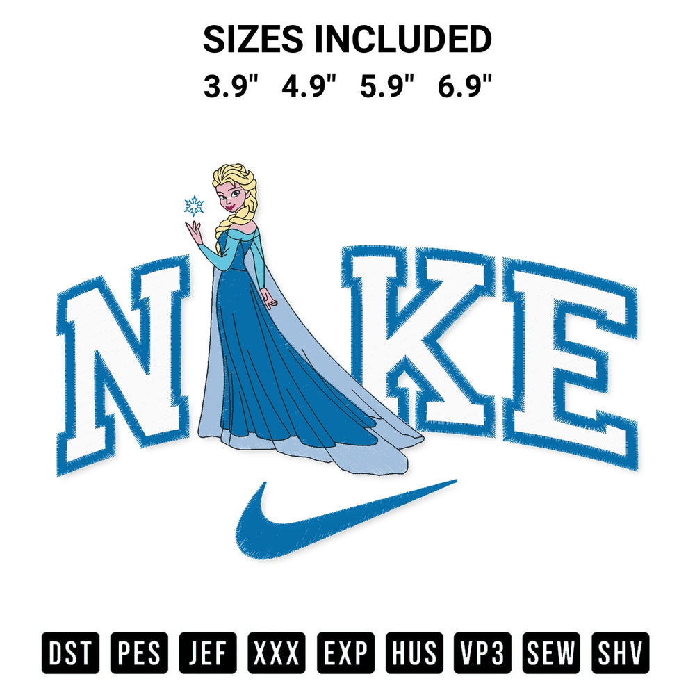 Download the Nike Princess Elsa Embroidery Design machine embroidery design exclusively at Designspacks.com. Premium digitized pattern for apparel and DIY crafts. Available sizes: 3.9", 4.9", 5.9", 6.9".