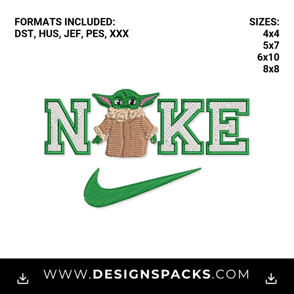 Baby Yoda Varsity Nike Swoosh Embroidery Design - Instant digital download pattern at Designspacks.com