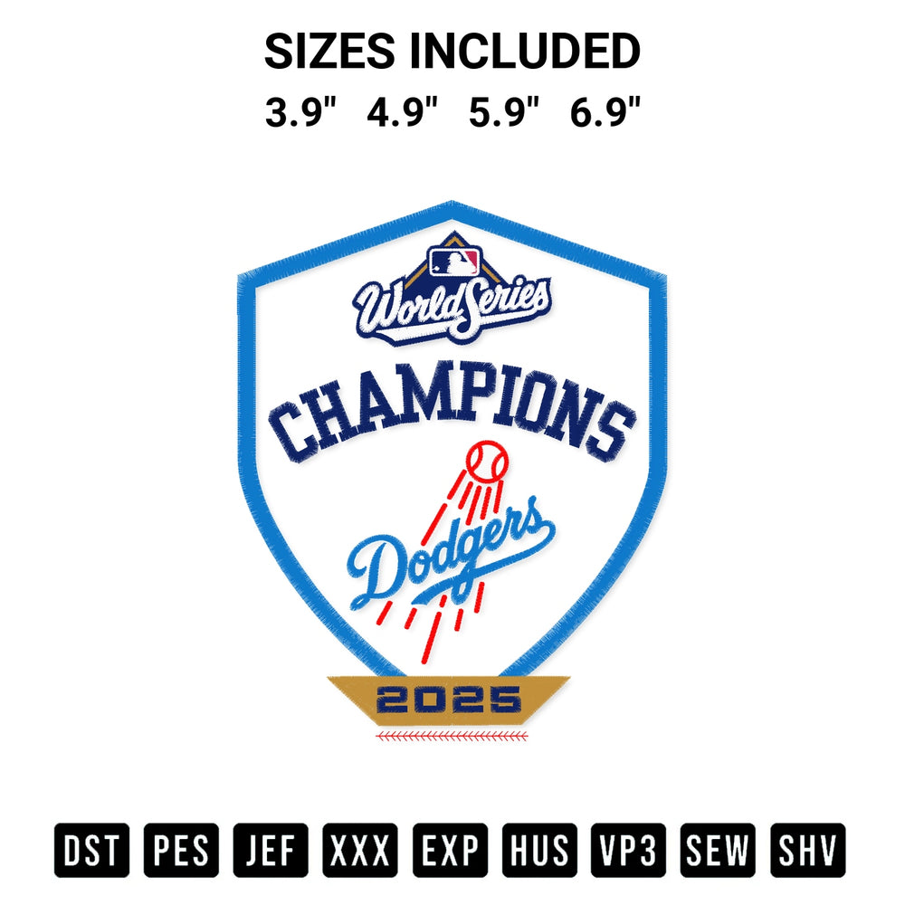 Shop the Dodgers Champion World Series 2025 Embroidery Design machine embroidery pattern at Designspacks.com. Beautifully digitized for flawless stitching on any fabric. Available sizes: 3.9", 4.9", 5.9", 6.9".