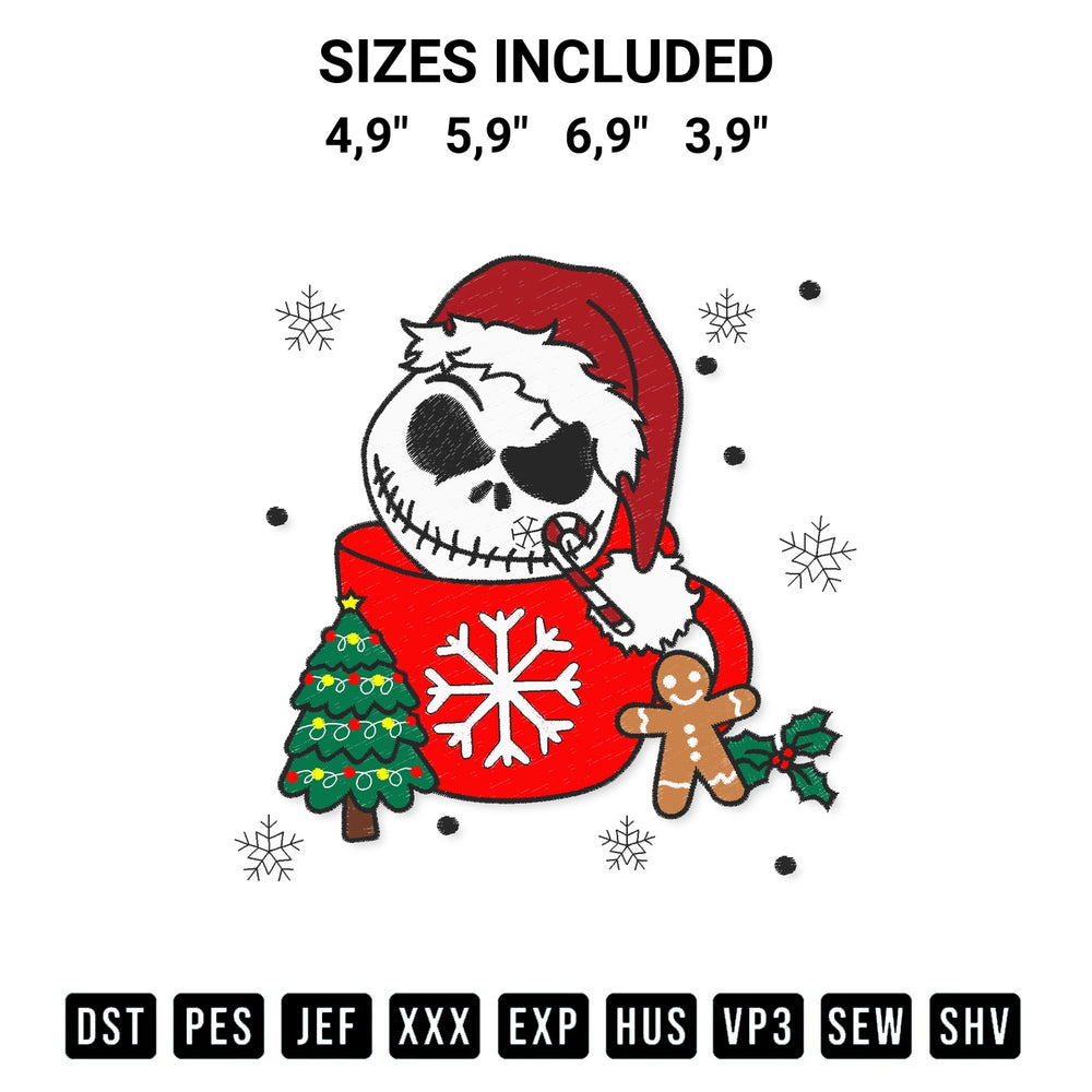 Discover the perfect addition to your crafting collection: Jack Skellington In Cups Christmas Funny Embroidery Design embroidery file. Instantly available at Designspacks.com. Available sizes: 4,9", 5,9", 6,9", 3,9".