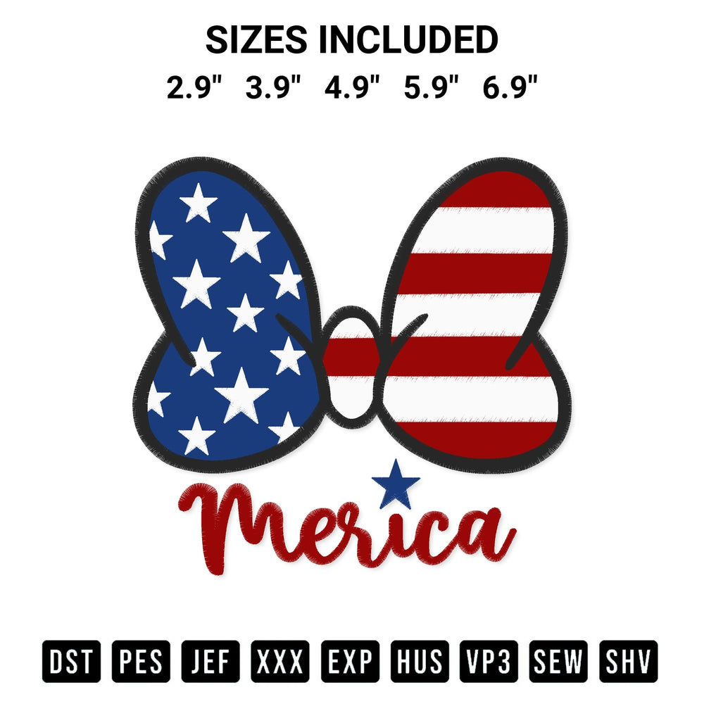Stitch like a pro with the Merica Bow Embroidery Design embroidery pattern from Designspacks.com. High-quality digital machine embroidery file. Available sizes: 2.9", 3.9", 4.9", 5.9", 6.9".