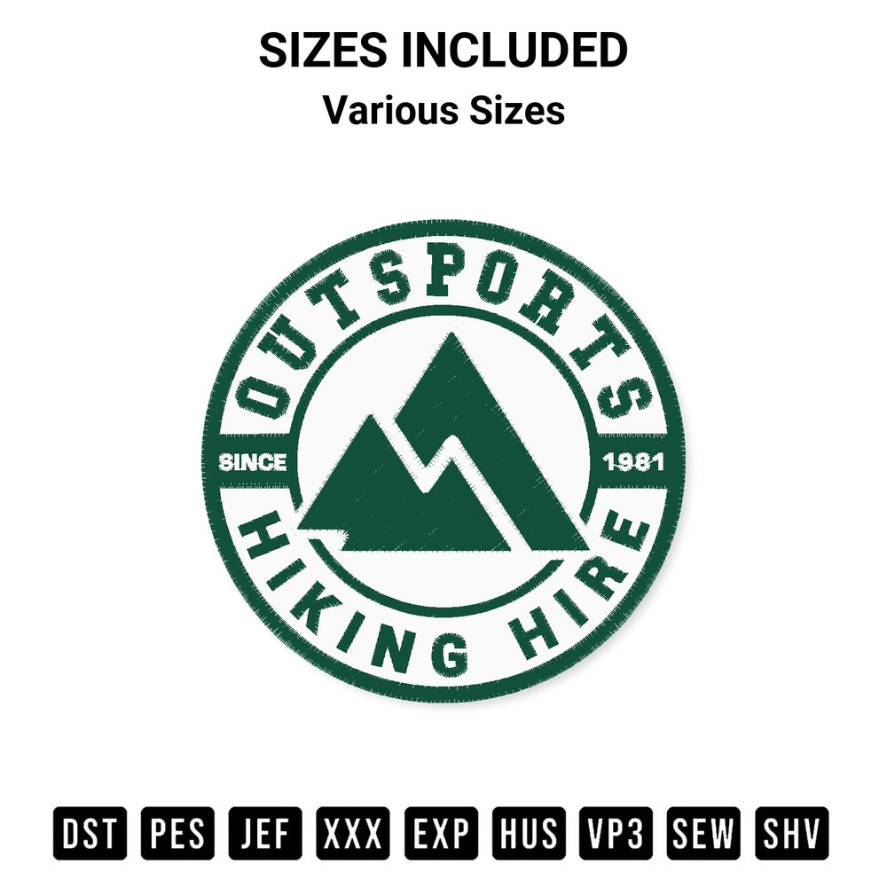 Stitch like a pro with the Outsports Hiking Hire Since 1981 Embroidery Design embroidery pattern from Designspacks.com. High-quality digital machine embroidery file. Available sizes: Various Sizes.