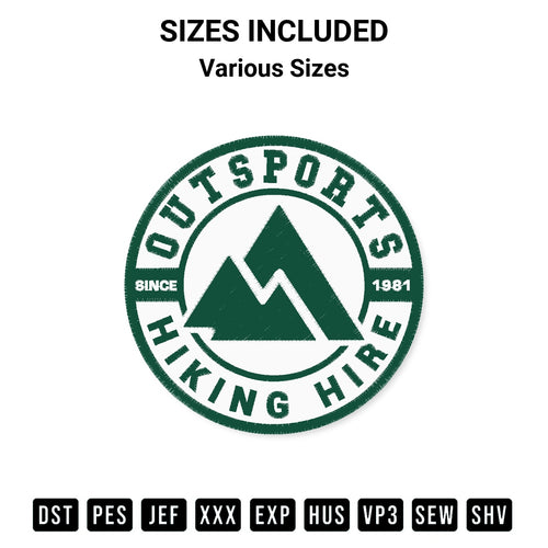 Stitch like a pro with the Outsports Hiking Hire Since 1981 Embroidery Design embroidery pattern from Designspacks.com. High-quality digital machine embroidery file. Available sizes: Various Sizes.