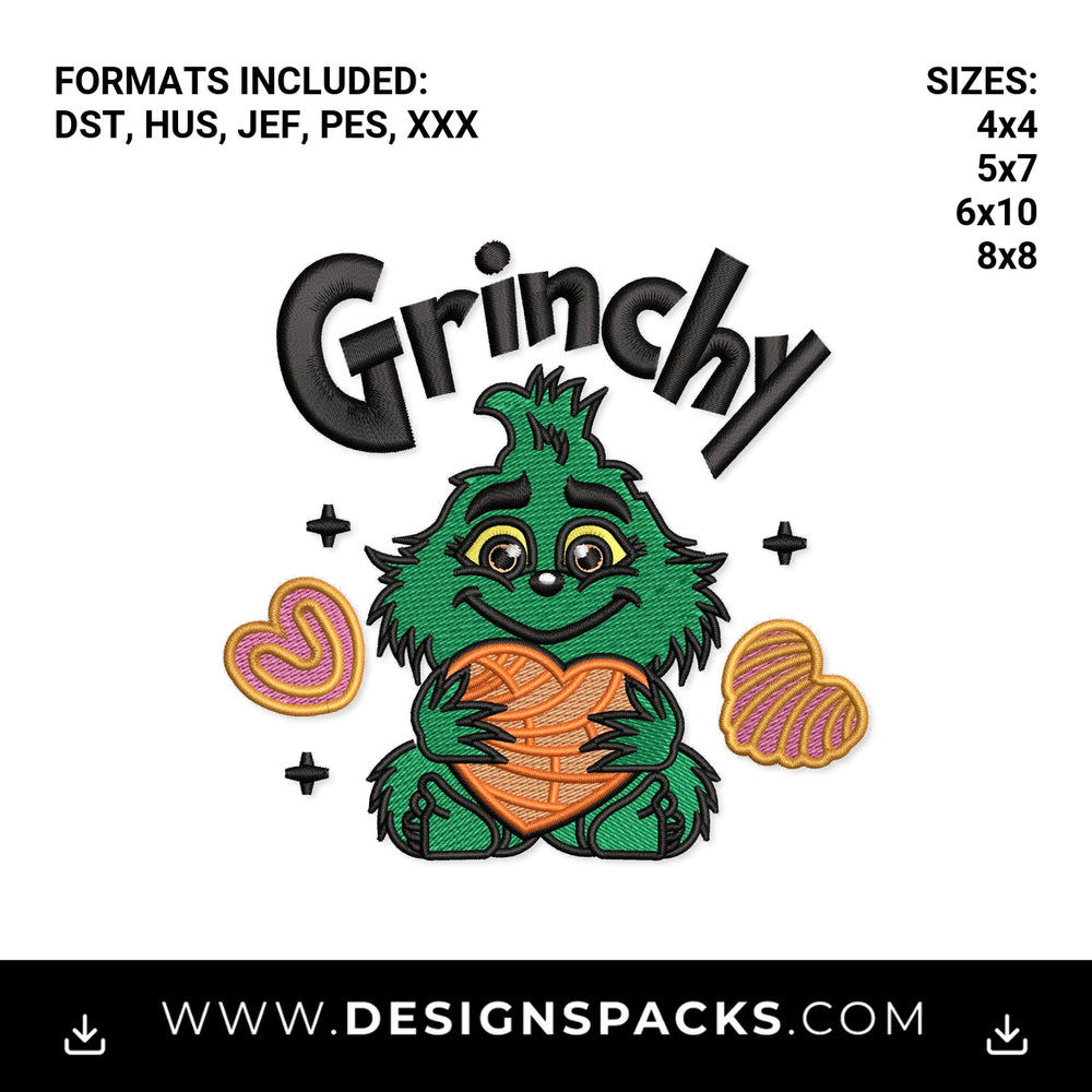 Baby Grinchy with Heart Concha Embroidery Design - Instant digital download pattern at Designspacks.com