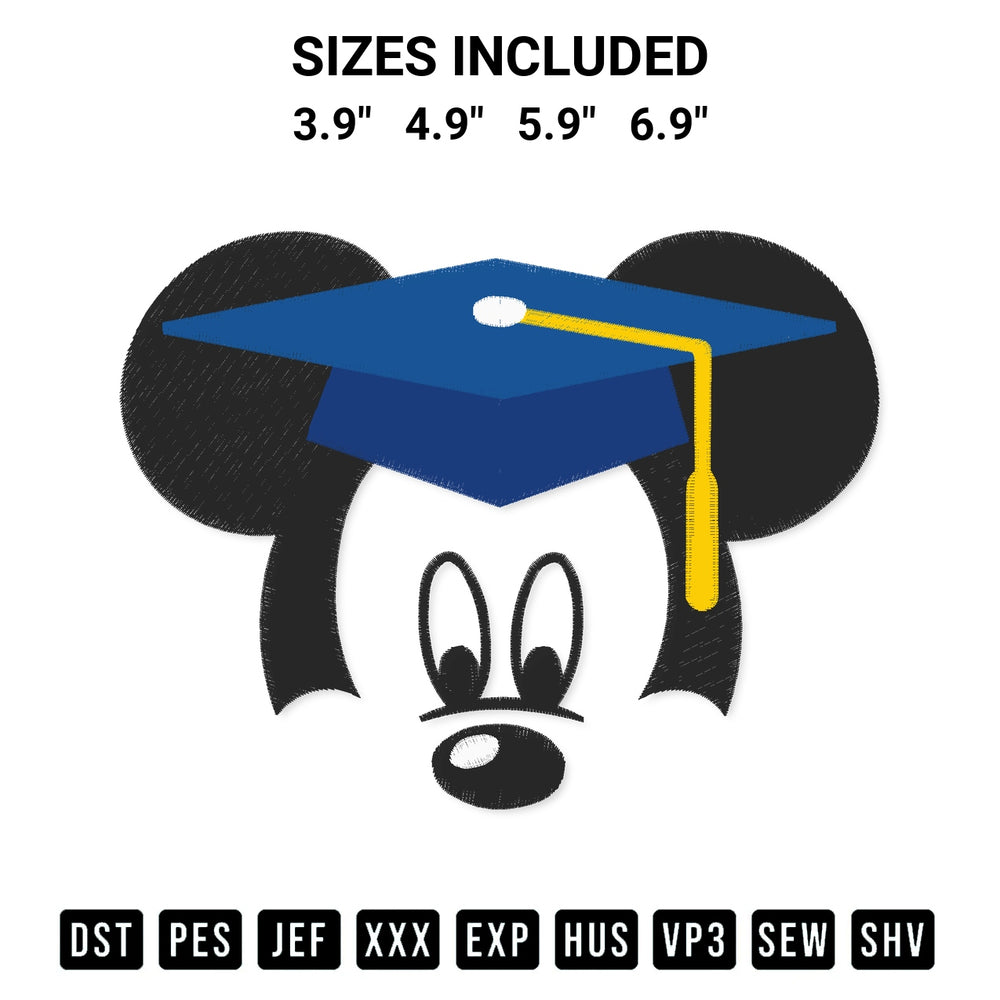 Create amazing crafts with the Graduation Mickey Head Embroidery Design embroidery file. High-quality digital download from Designspacks.com, perfect for beginners and pros. Available sizes: 3.9", 4.9", 5.9", 6.9".