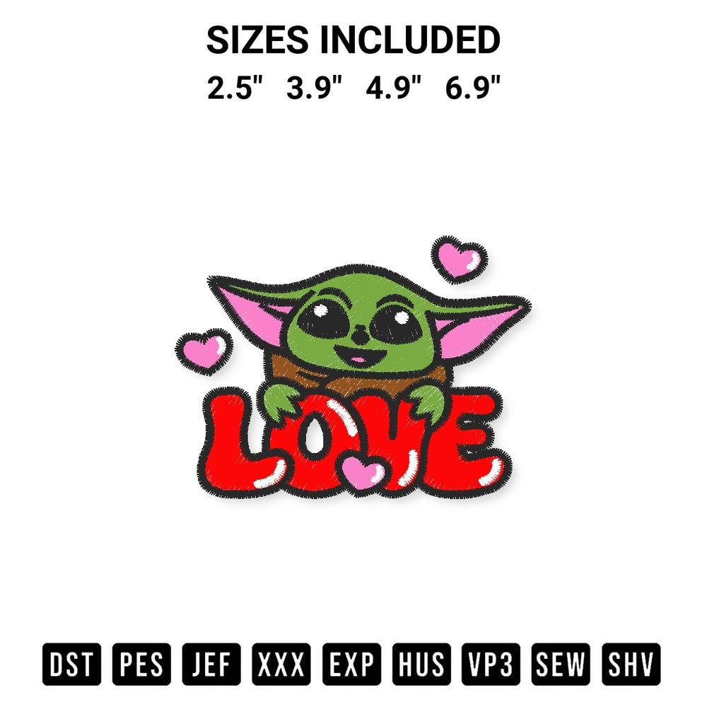 Create amazing crafts with the Love Baby Yoda Valentine Embroidery Design embroidery file. High-quality digital download from Designspacks.com, perfect for beginners and pros. Available sizes: 2.5", 3.9", 4.9", 6.9".