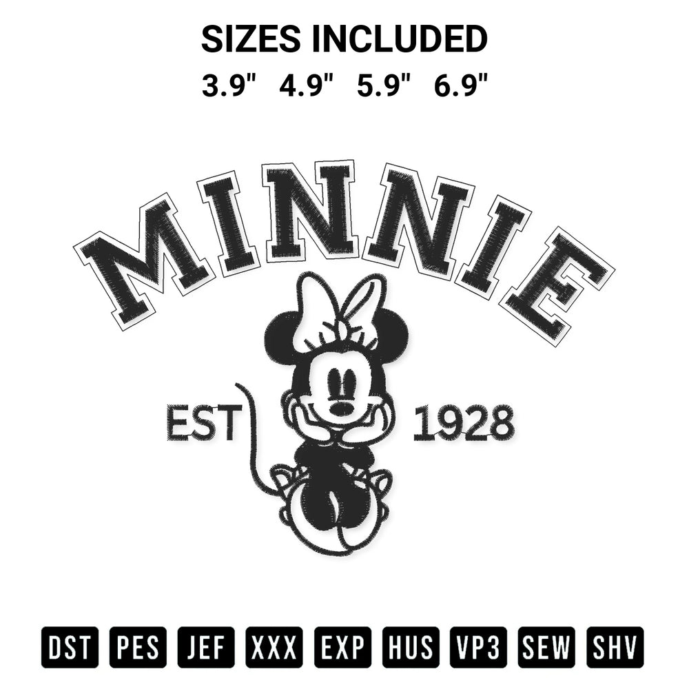 Stitch like a pro with the Minnie Mouse Est 1928 Embroidery Design embroidery pattern from Designspacks.com. High-quality digital machine embroidery file. Available sizes: 3.9", 4.9", 5.9", 6.9".