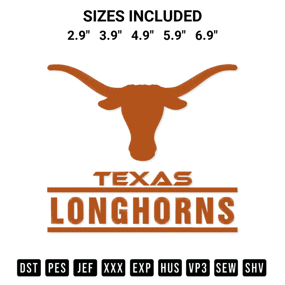 Add a unique touch to your apparel with the Texas Longhorns Embroidery Design embroidery file. Premium instant download available now on Designspacks.com. Available sizes: 2.9", 3.9", 4.9", 5.9", 6.9".