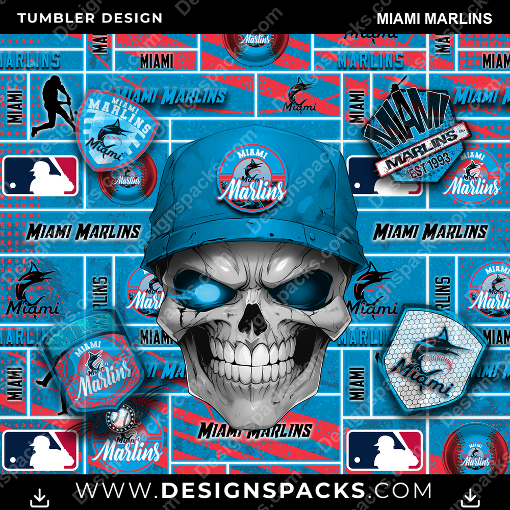 Baseball Skull Miami Marlins Tumbler Digital Wrap Design