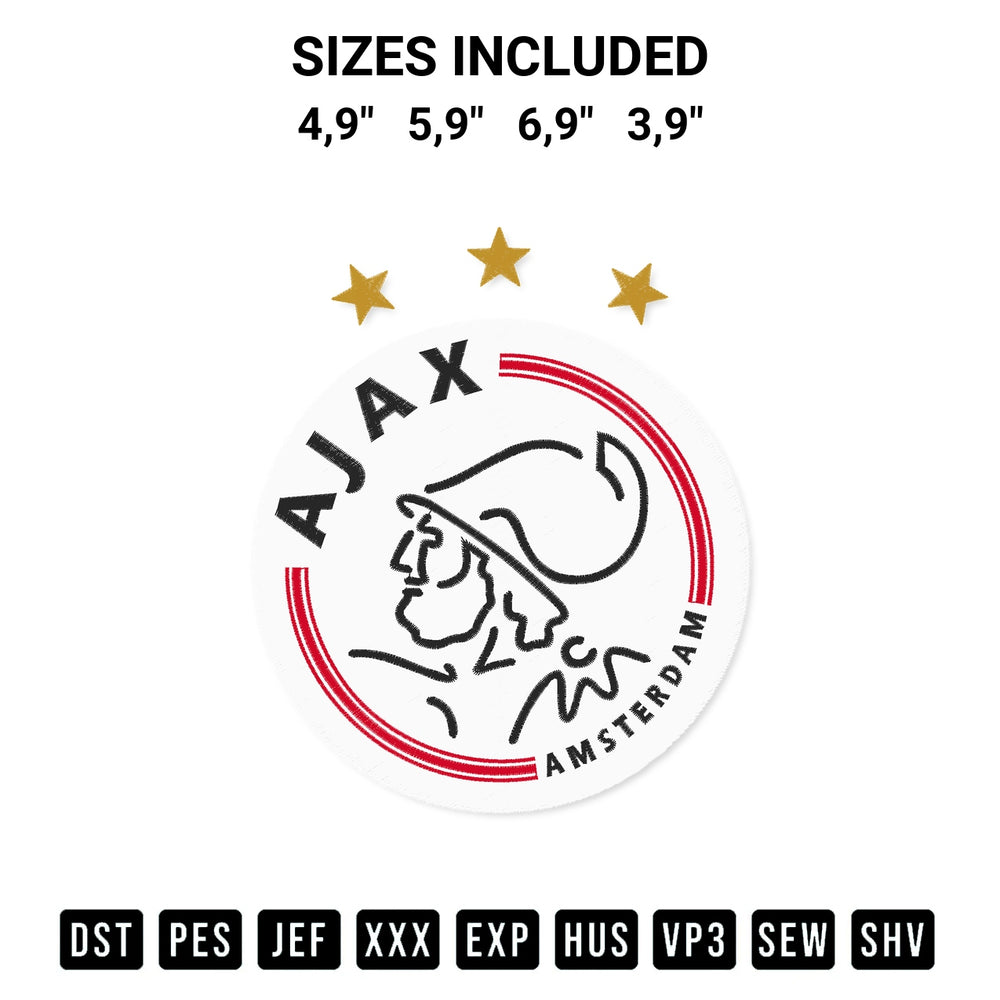 Add a unique touch to your apparel with the Ajax Logo Embroidery Design embroidery file. Premium instant download available now on Designspacks.com. Available sizes: 4,9", 5,9", 6,9", 3,9".