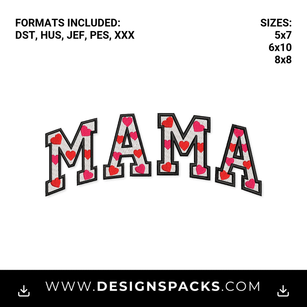 Mama Heart Pattern Varsity Letters Embroidery Design - Instant digital download pattern at Designspacks.com
