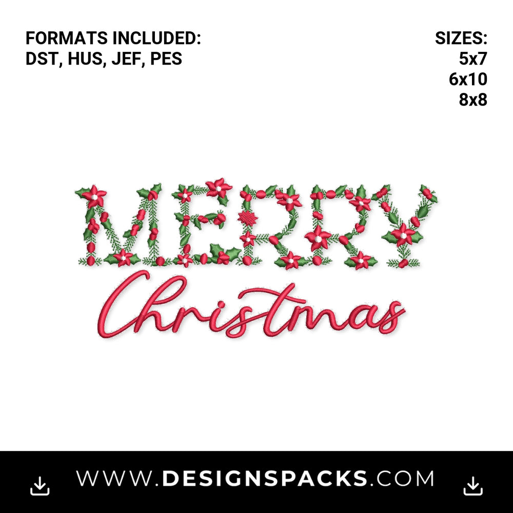 Merry Christmas Floral Holly Script Embroidery Design - Instant digital download pattern at Designspacks.com