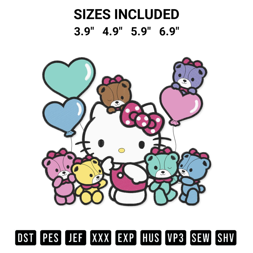 Elevate your next project with our Hello Kitty And Teddy Bears Embroidery Design embroidery file. Shop high-quality digital patterns instantly at Designspacks.com. Available sizes: 3.9", 4.9", 5.9", 6.9".