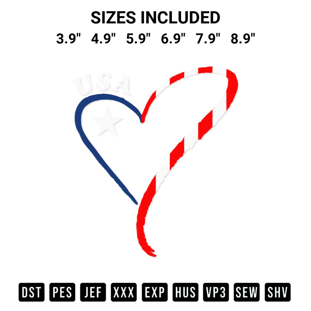 Shop the Usa Heart American Flag Embroidery Design machine embroidery pattern at Designspacks.com. Beautifully digitized for flawless stitching on any fabric. Available sizes: 3.9", 4.9", 5.9", 6.9", 7.9", 8.9".
