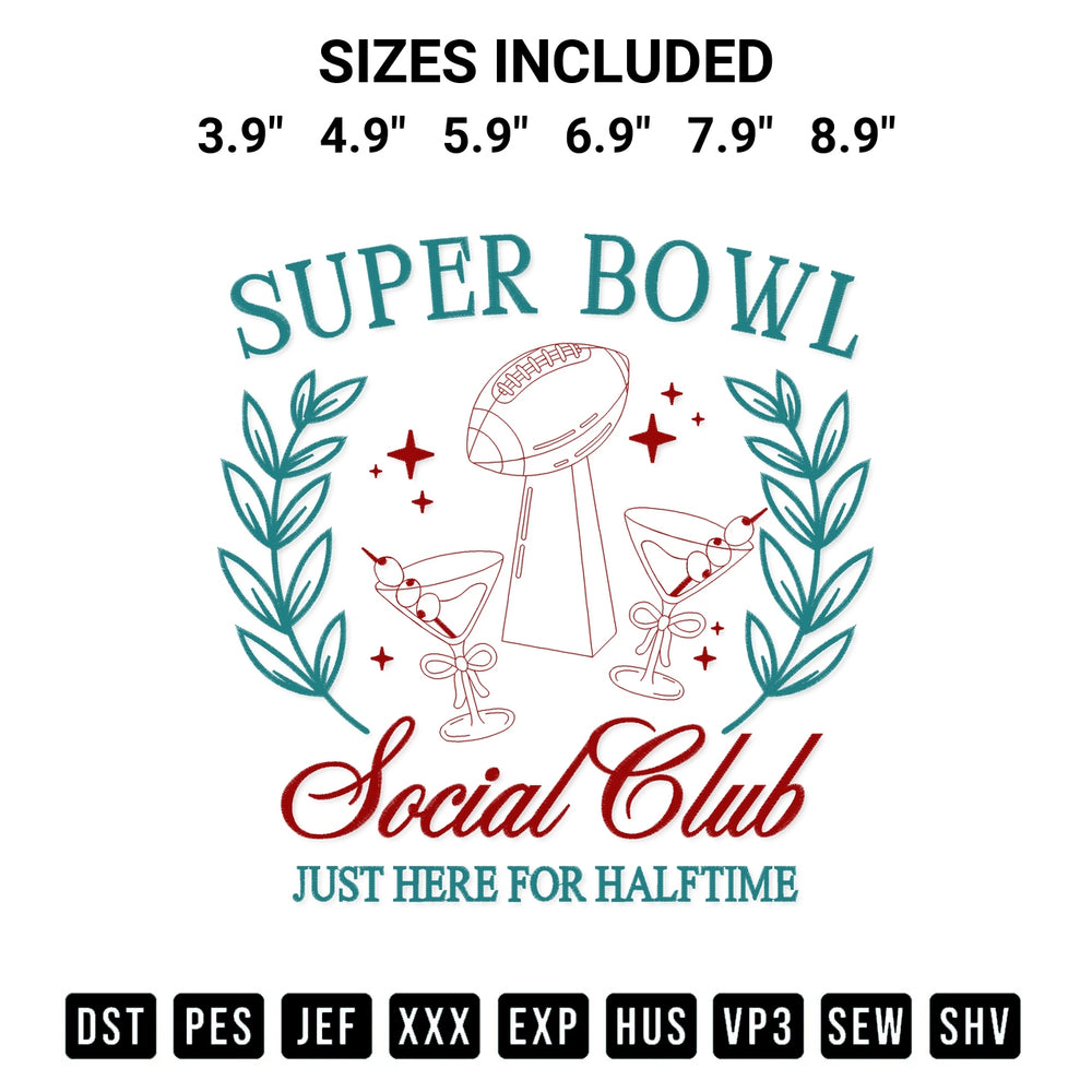 Discover the perfect addition to your crafting collection: Super Bowl Social Club Embroidery Design embroidery file. Instantly available at Designspacks.com. Available sizes: 3.9", 4.9", 5.9", 6.9", 7.9", 8.9".