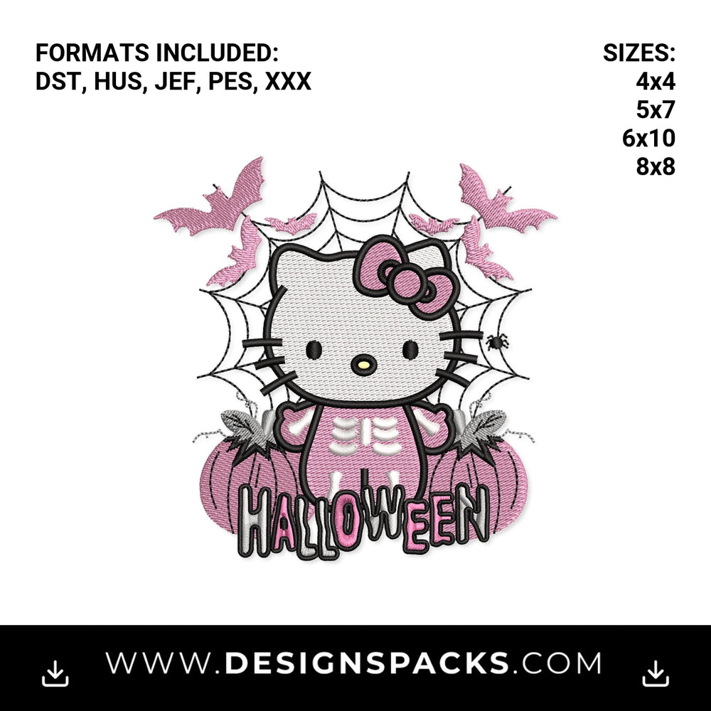 Cute Pink Skeleton Kitty Halloween Embroidery Design - Instant digital download pattern at Designspacks.com