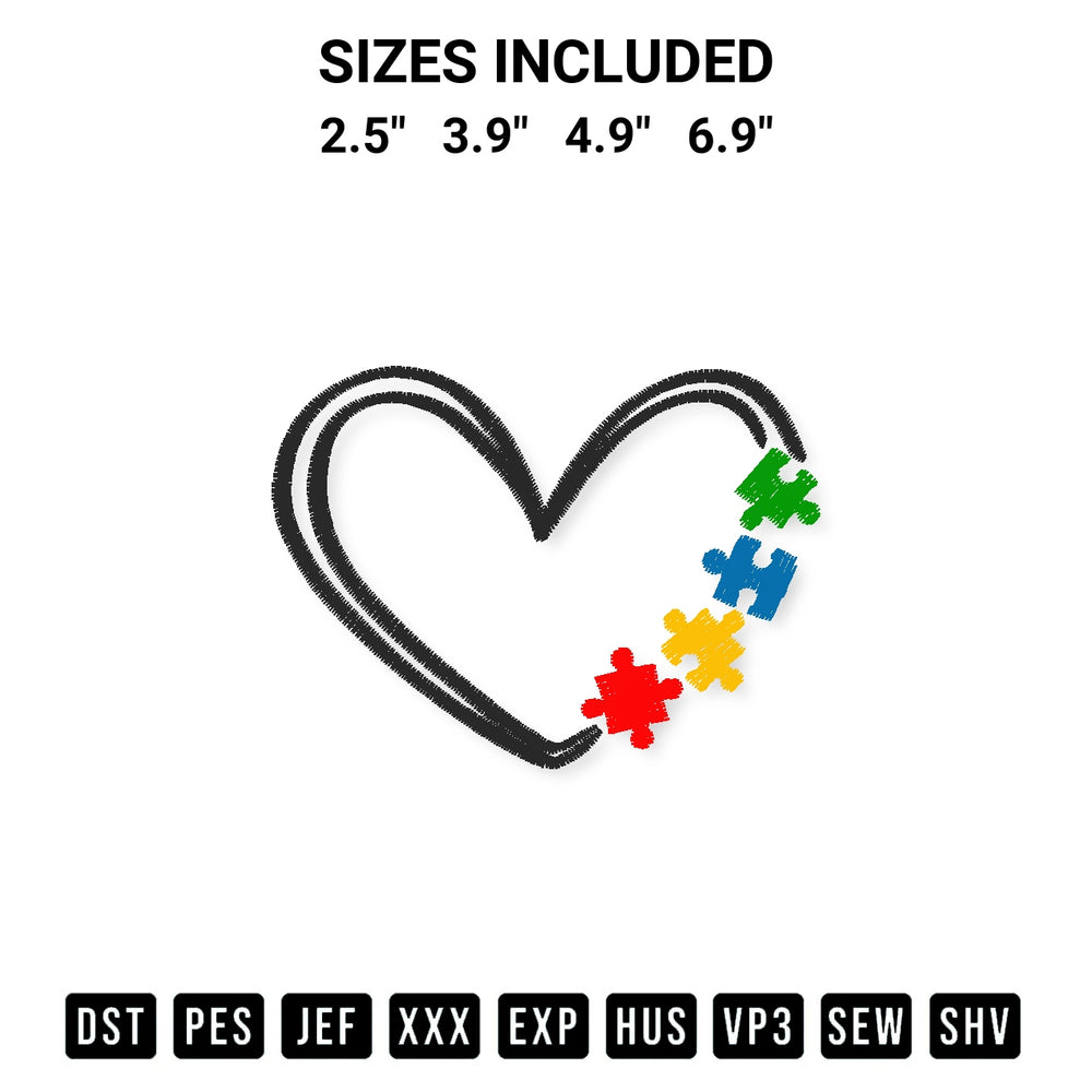 Get the Autism Heart Embroidery Design embroidery design for your custom crafts! Premium digitized files available for instant download at Designspacks.com. Available sizes: 2.5", 3.9", 4.9", 6.9".