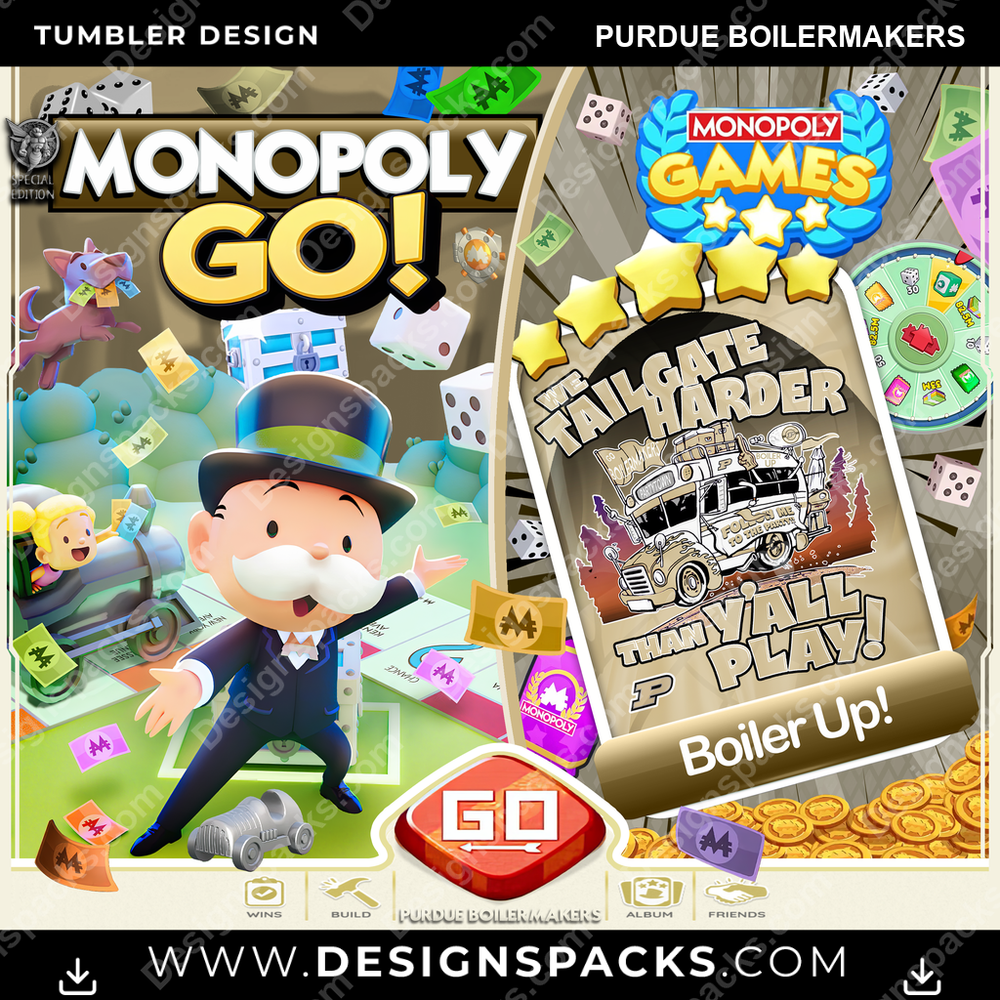 College Sport Monopoly Go! Purdue Boilermakers Tumbler Digital Wrap Design
