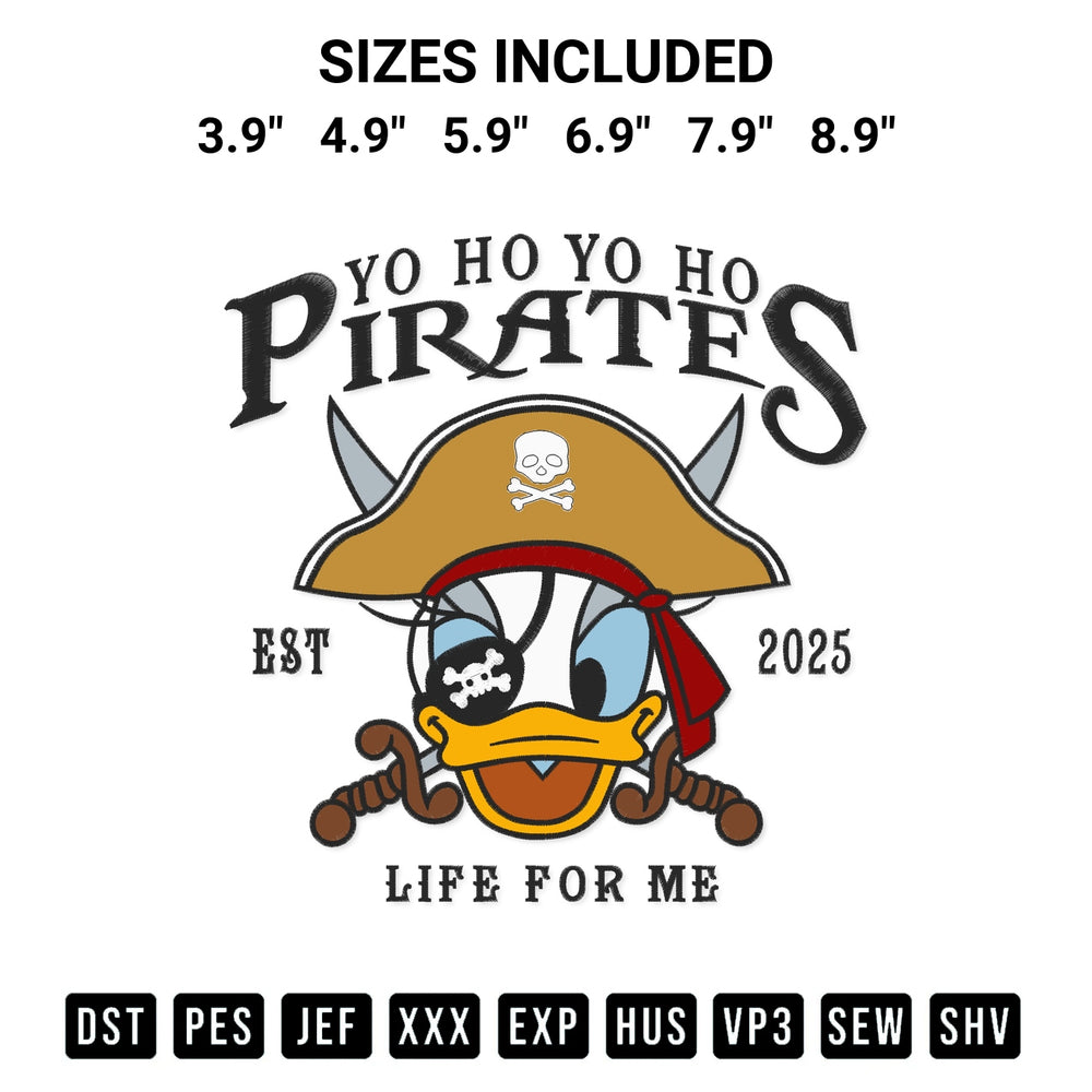 Create amazing crafts with the Disney Daisy Duck Pirates Est 2025 Embroidery Design embroidery file. High-quality digital download from Designspacks.com, perfect for beginners and pros. Available sizes: 3.9", 4.9", 5.9", 6.9", 7.9", 8.9".