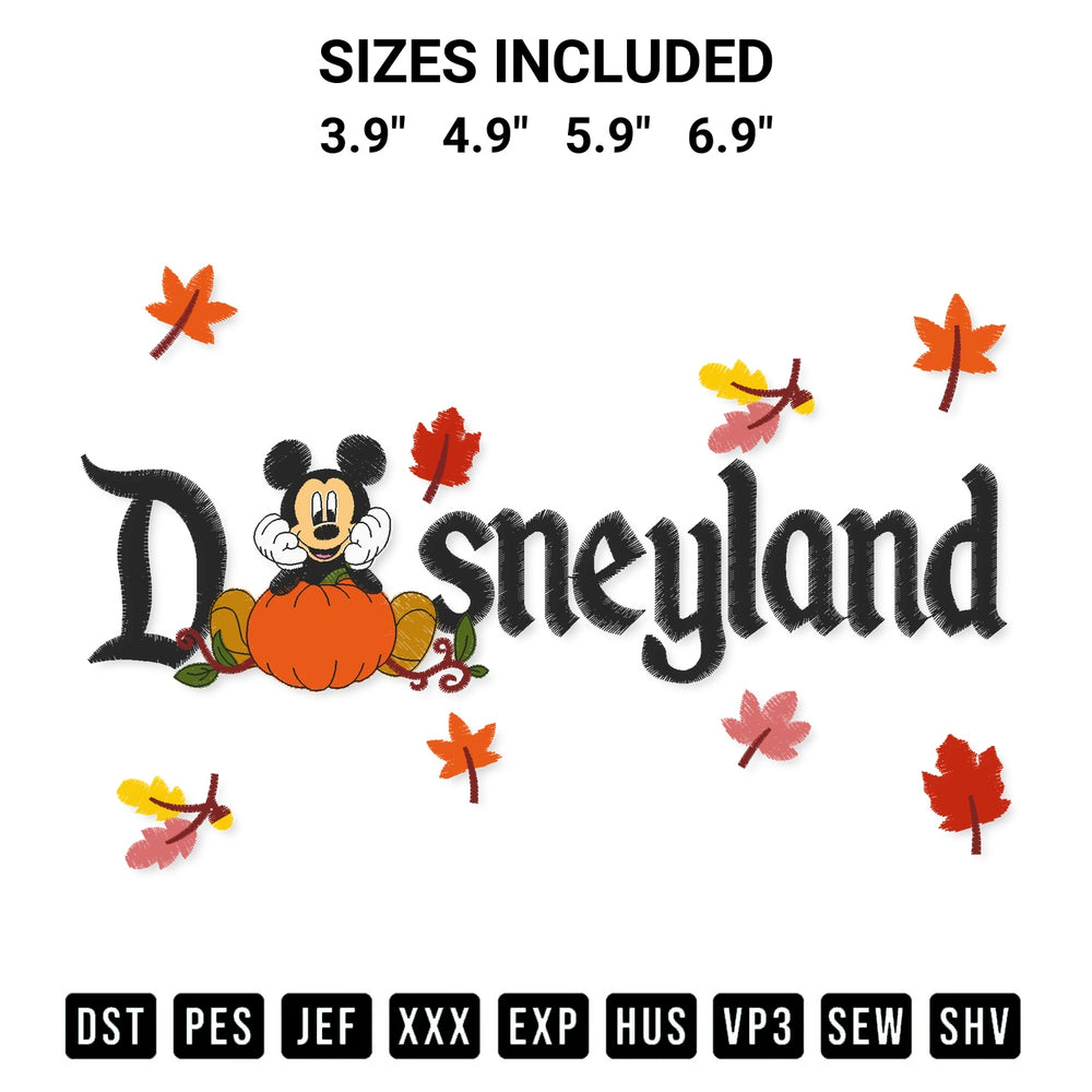 Stitch like a pro with the Disneyland Mickey Mouse Fall Embroidery Design embroidery pattern from Designspacks.com. High-quality digital machine embroidery file. Available sizes: 3.9", 4.9", 5.9", 6.9".
