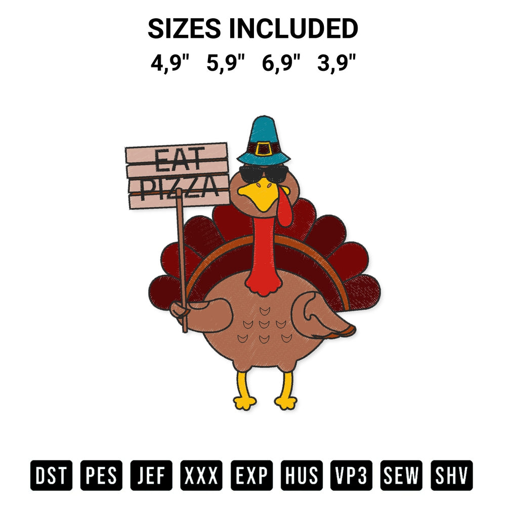 Shop the Turkey Eat Pizza Funny Thanksgiving Turkey Pizza Adult Vegan Kids Logo Embroidery Design machine embroidery pattern at Designspacks.com. Beautifully digitized for flawless stitching on any fabric. Available sizes: 4,9", 5,9", 6,9", 3,9".