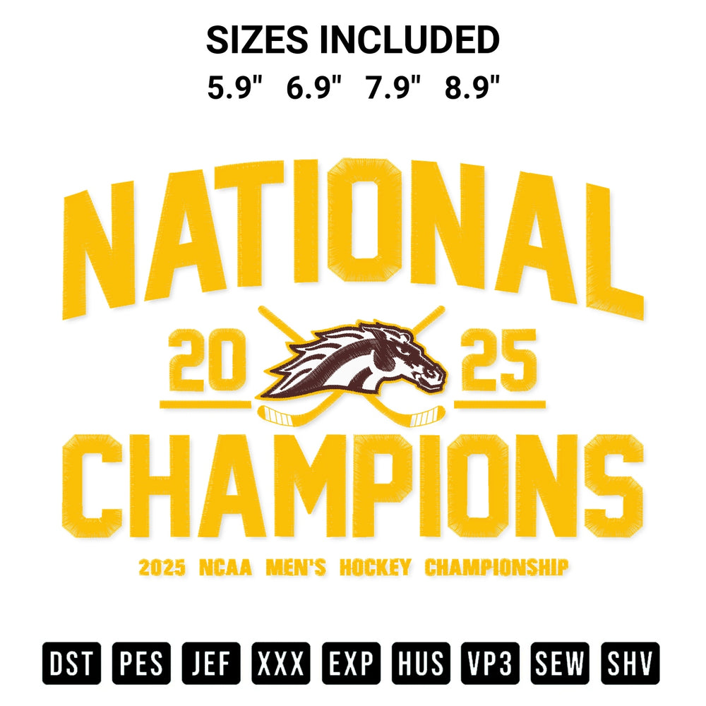 Download the Western Michigan Broncos 2025 Hockey National Champions Embroidery Design machine embroidery design exclusively at Designspacks.com. Premium digitized pattern for apparel and DIY crafts. Available sizes: 5.9", 6.9", 7.9", 8.9".