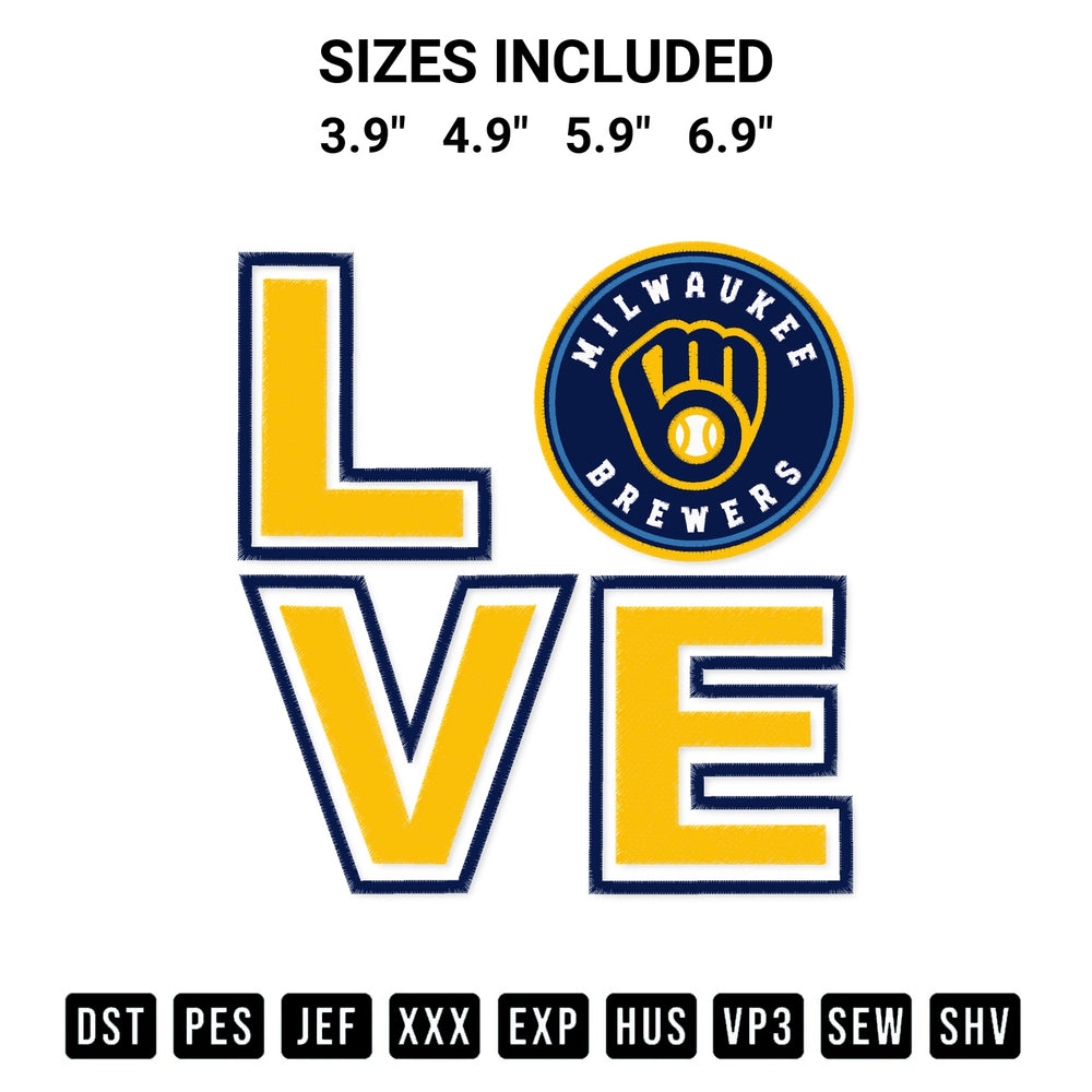 Stitch like a pro with the Love Milwaukee Brewers Embroidery Design embroidery pattern from Designspacks.com. High-quality digital machine embroidery file. Available sizes: 3.9", 4.9", 5.9", 6.9".