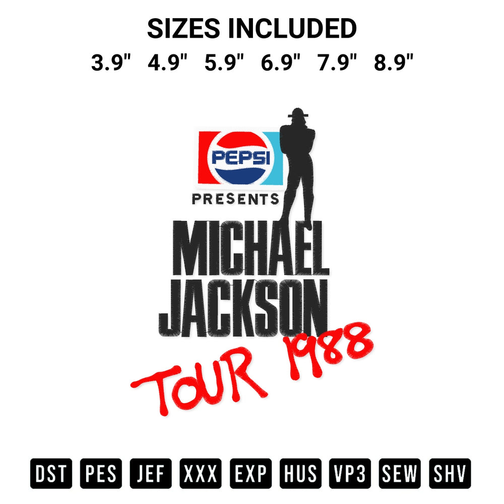 Download the Michael Jackson Pepsi Tour 1988 Embroidery Design machine embroidery design exclusively at Designspacks.com. Premium digitized pattern for apparel and DIY crafts. Available sizes: 3.9", 4.9", 5.9", 6.9", 7.9", 8.9".