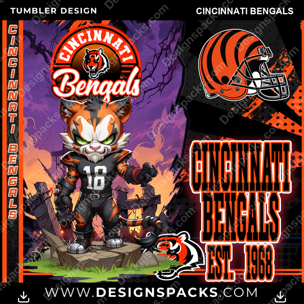 Football Monster Mascot Cincinnati Bengals NFL Football Tumbler Digital Wrap Design Download