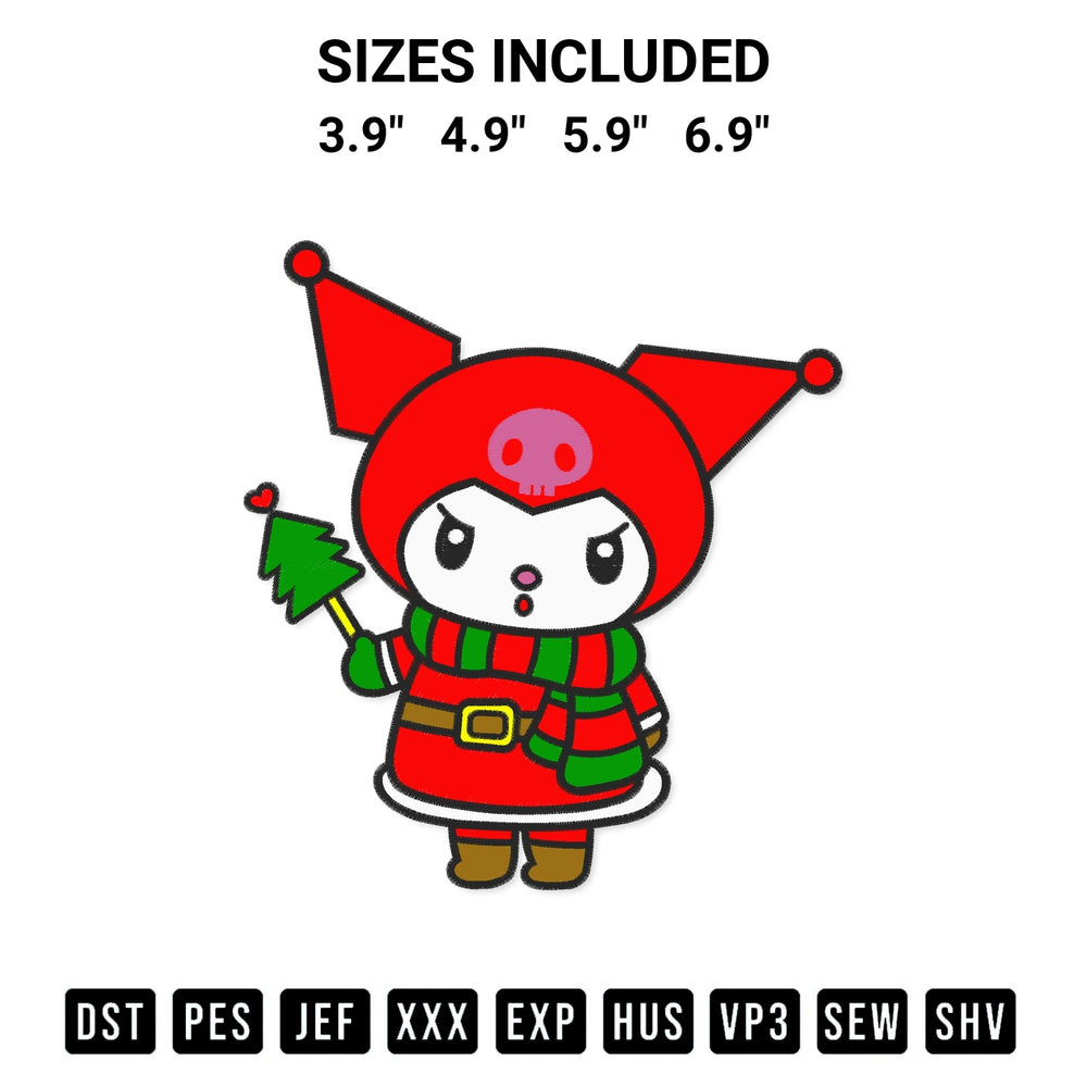 Shop the Kuromi Christmas Embroidery Design machine embroidery pattern at Designspacks.com. Beautifully digitized for flawless stitching on any fabric. Available sizes: 3.9", 4.9", 5.9", 6.9".
