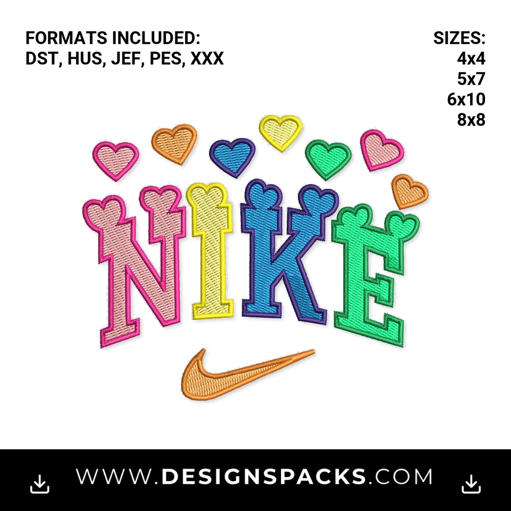 Colorful Rainbow Hearts Nike Swoosh Embroidery Design - Instant digital download pattern at Designspacks.com
