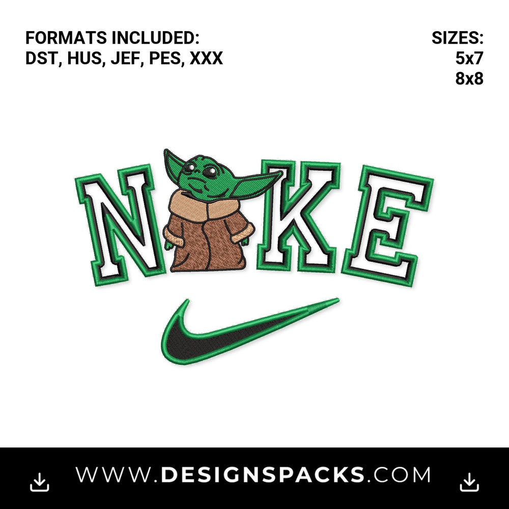 Baby Yoda Nike Varsity Swoosh Embroidery Design - Instant digital download pattern at Designspacks.com