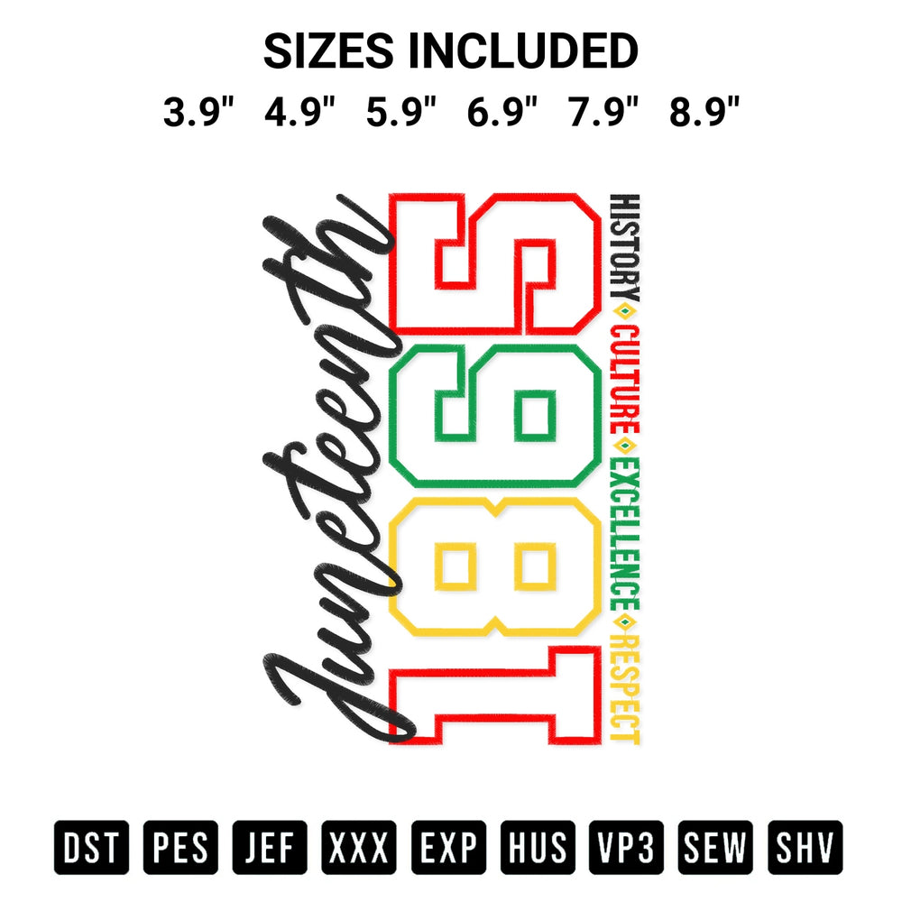 Stitch like a pro with the Juneteenth 1865 Black History Embroidery Design embroidery pattern from Designspacks.com. High-quality digital machine embroidery file. Available sizes: 3.9", 4.9", 5.9", 6.9", 7.9", 8.9".