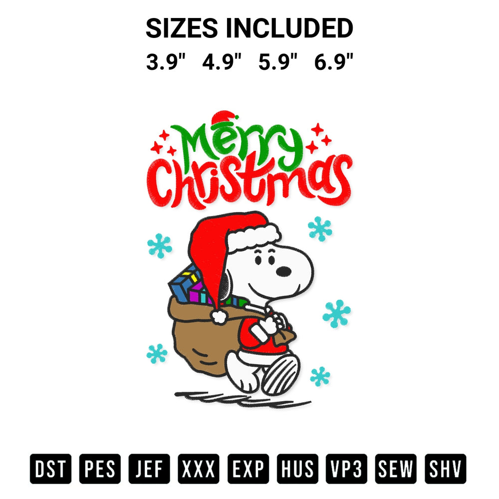 Discover the perfect addition to your crafting collection: Santa Snoopy Delivering Gifts Embroidery Design embroidery file. Instantly available at Designspacks.com. Available sizes: 3.9", 4.9", 5.9", 6.9".
