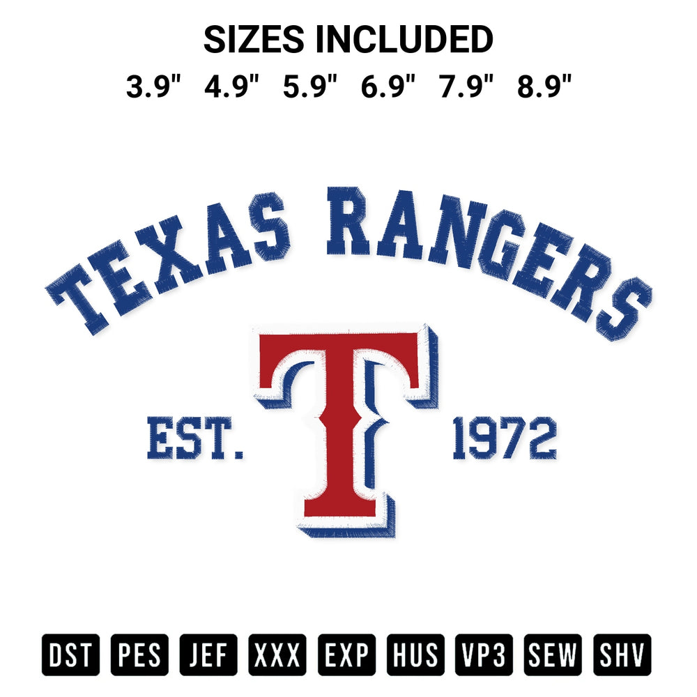 Download the Texas Rangers Est 1972 Embroidery Design machine embroidery design exclusively at Designspacks.com. Premium digitized pattern for apparel and DIY crafts. Available sizes: 3.9", 4.9", 5.9", 6.9", 7.9", 8.9".